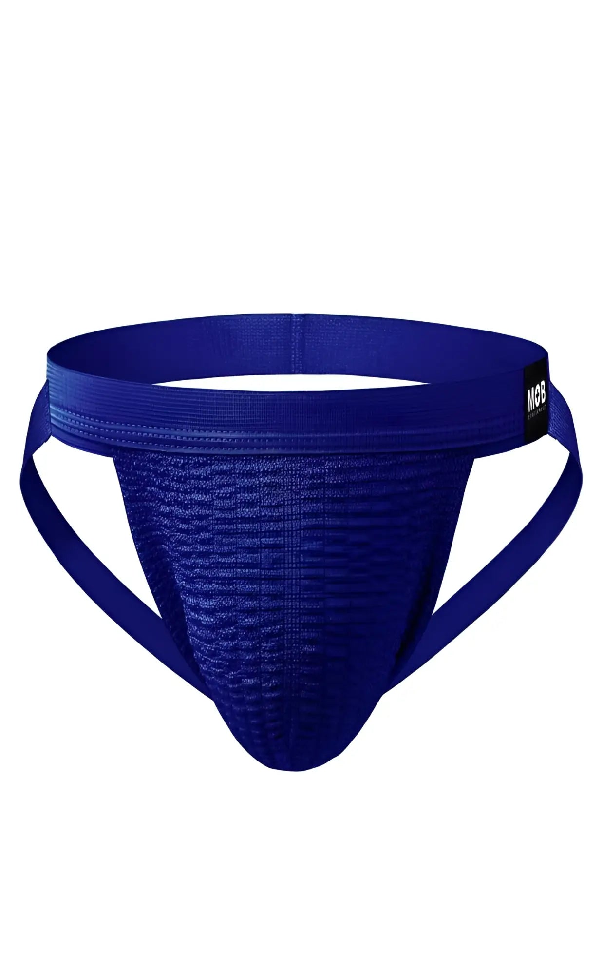 Royal blue mob swim jockstrap with textured breathable mesh fabric and supportive side straps shown from the back side