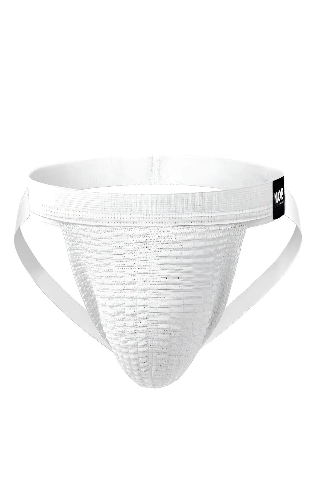 White mob swim jockstrap briefs with textured breathable fabric and elastic waistband with black brand tag