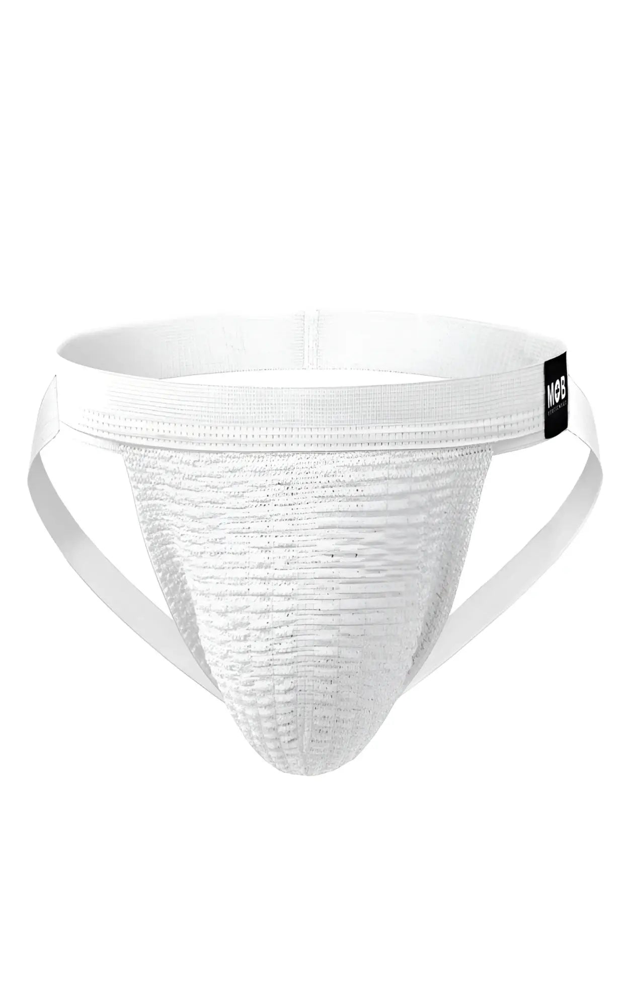 White mob swim jockstrap with textured breathable fabric and elastic waistband featuring black mgs brand tag