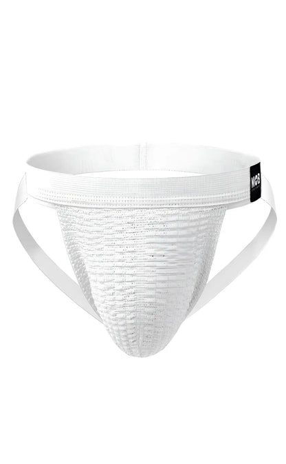 Mob swim jockstrap white athletic briefs with textured breathable fabric and elastic waistband with black brand tag