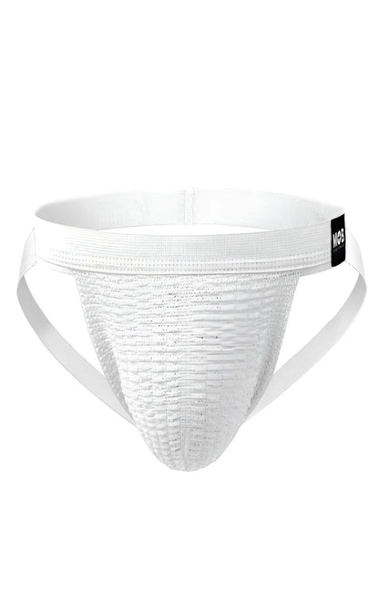 White mob swim jockstrap athletic briefs with textured breathable fabric and elastic waistband with black mgs tag