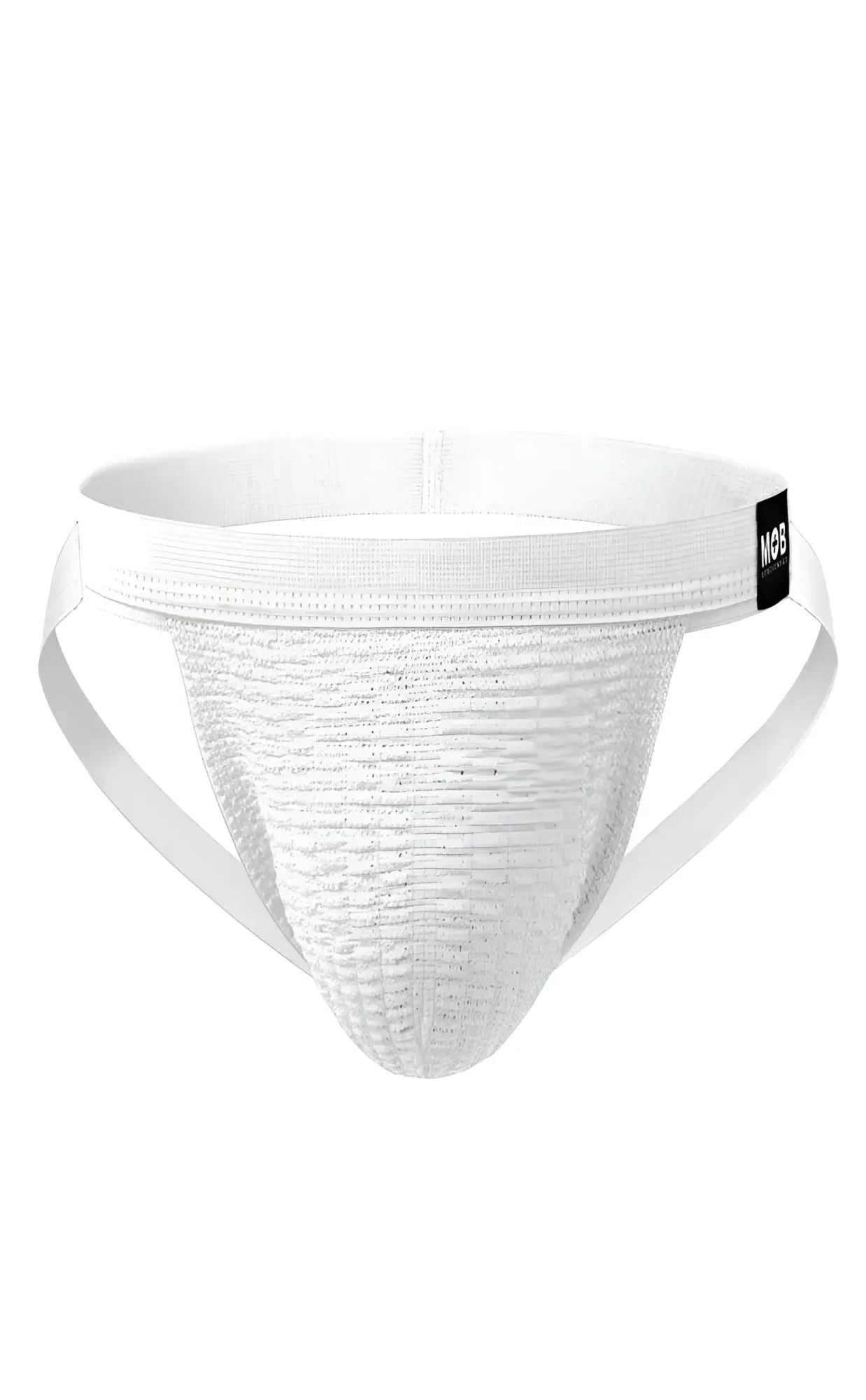 White textured athletic swim jockstrap brief with supportive waistband and side straps for active use