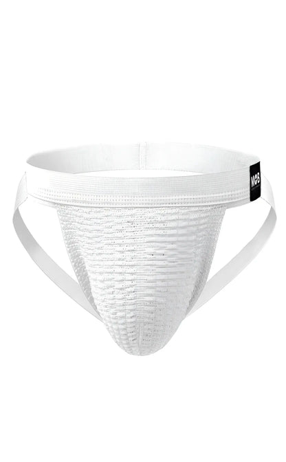 White textured athletic swim jockstrap brief with supportive waistband and side straps for active use