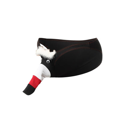 Black duck-shaped fanny pack with white fluffy beard red and black beak and stitched details from toucan bikini for men