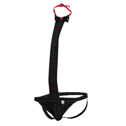 Black lace thong with red bow tie and matching red buttons along the strap from MOB Tuxedo Lace Thong collection