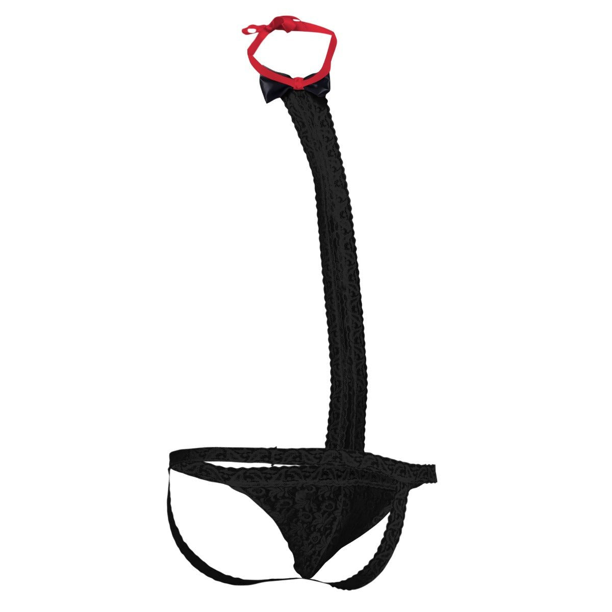 Black lace thong with a matching long decorative tail ending in red bow and black satin ribbon mob tuxedo lace thong back view
