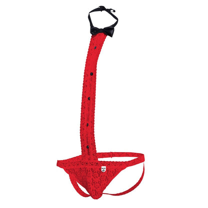 MOB tuxedo lace thong red lace men’s briefs with black bow tie and button details in front view