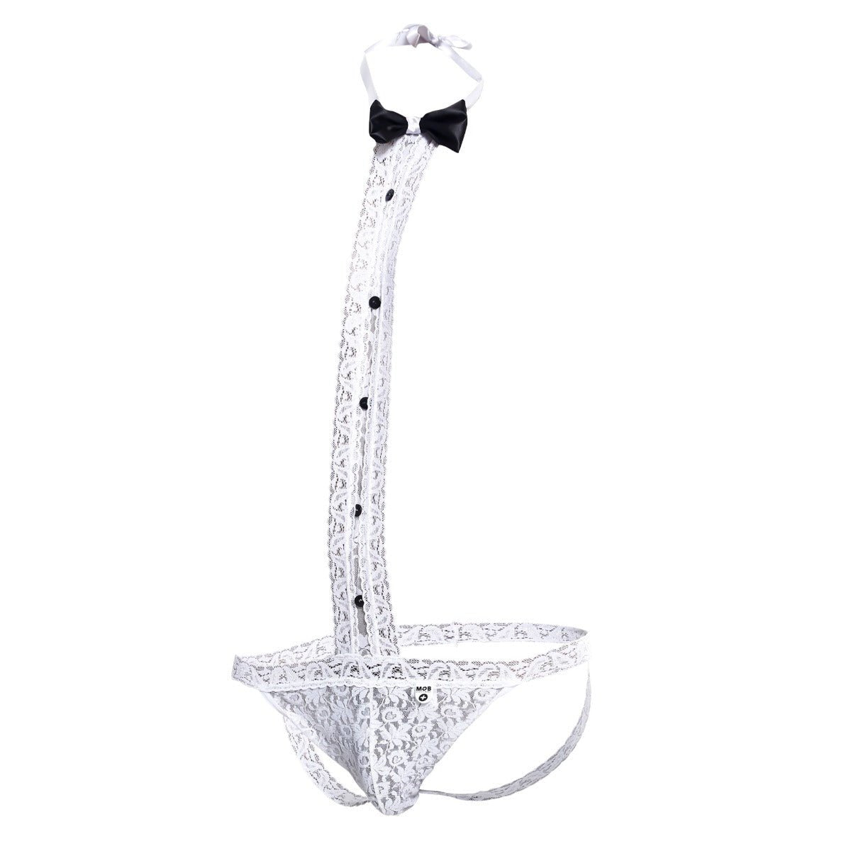 White lace men’s lingerie tuxedo thong with black bow tie and button details for stylish intimate wear