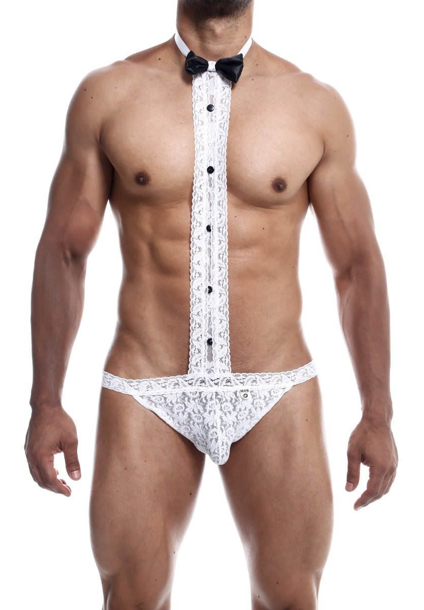 White lace tuxedo lace thong underwear with black button details and matching bow tie for elegant lingerie look
