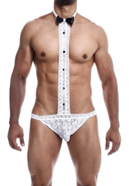 White lace tuxedo lace thong underwear with black button details and matching bow tie for elegant lingerie look