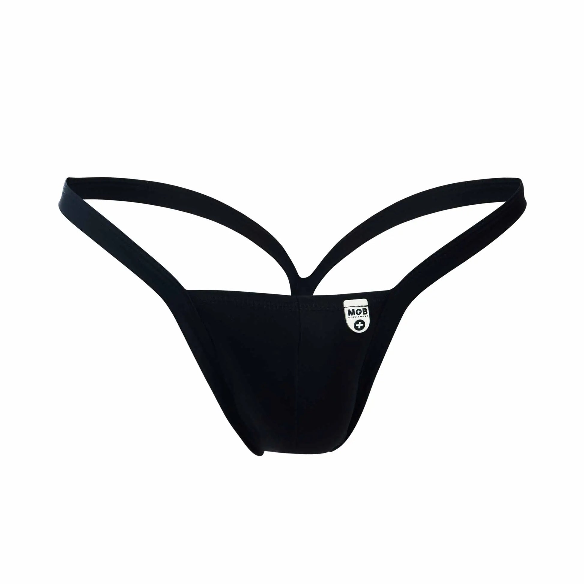 Black mob y buns thong with sleek minimalist design and thin straps shown from the back side