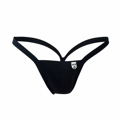 Black mob y buns thong with sleek minimalist design and thin straps shown from the back side