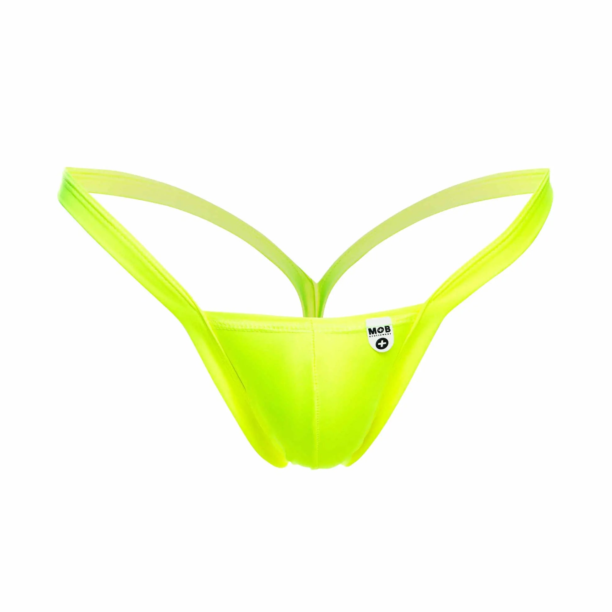 Bright neon green mob y buns thong with sleek minimalist design and thin straps shown from the back side