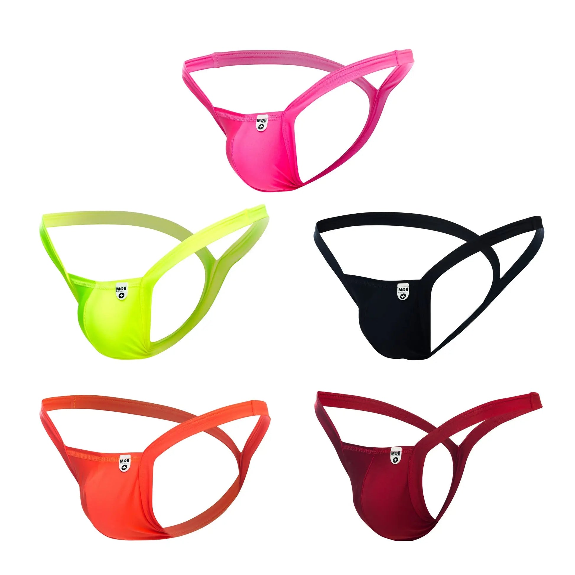 Mob y buns thong style underwear in bright pink neon green black orange and maroon with crisscross design