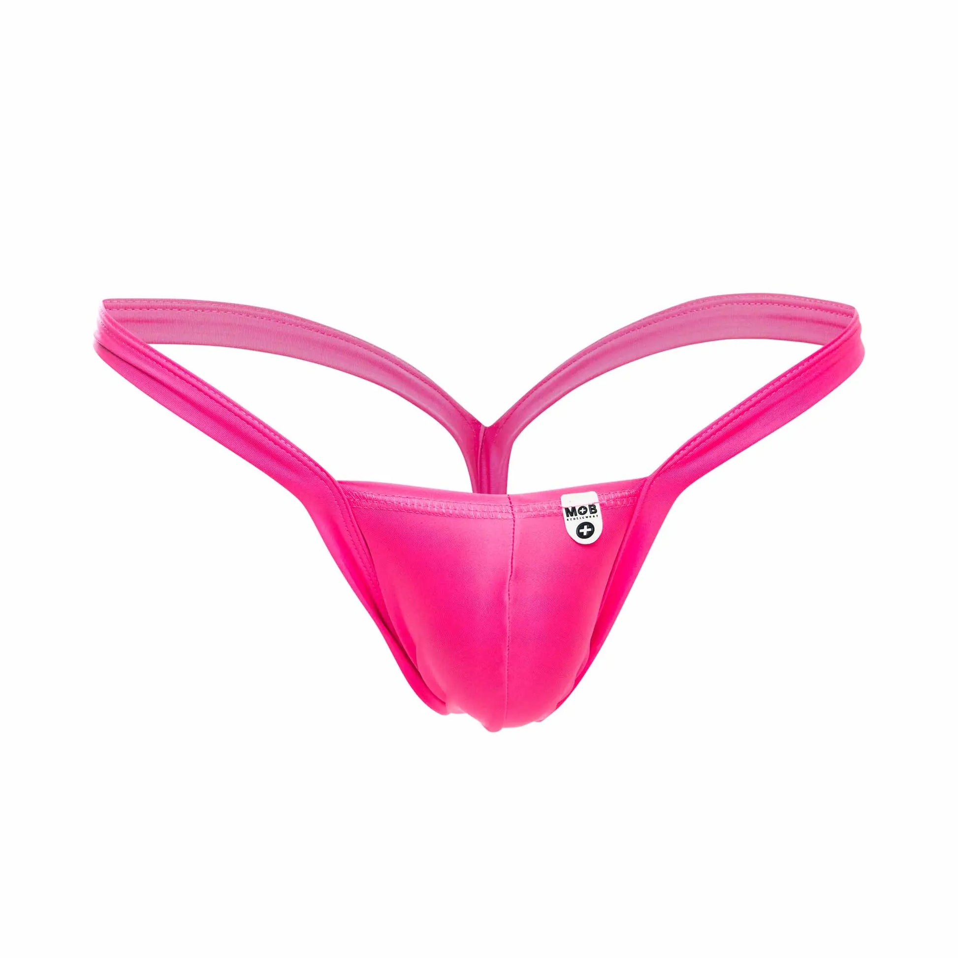 Bright pink mob y buns thong made of stretchy fabric with a minimalist design shown from the back side