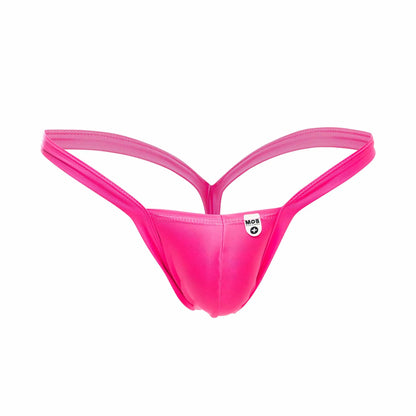 Bright pink mob y buns thong made of stretchy fabric with a minimalist design shown from the back side