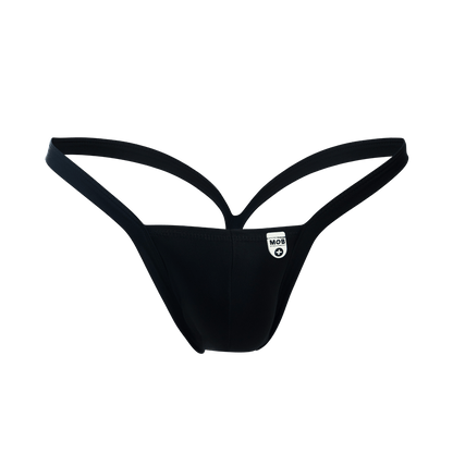 Black thong mob y buns thong with minimalist design and thin supportive straps showing the back side