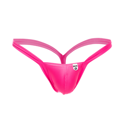 Vibrant pink MOB Y Buns thong with sleek form-fitting design and thin straps shown from the back side