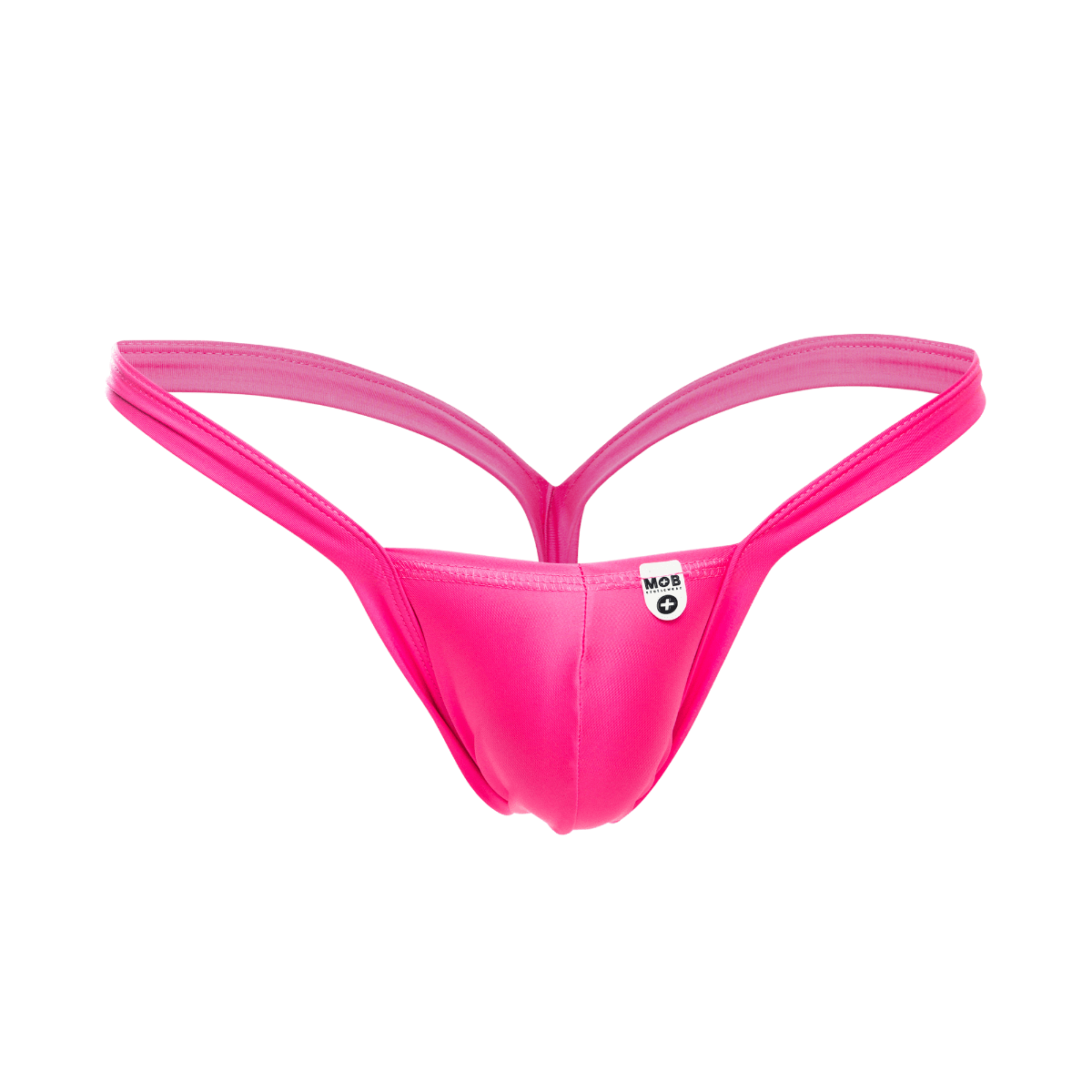 Vibrant pink mob y buns thong with sleek form-fitting design and thin straps showing the back side of the product