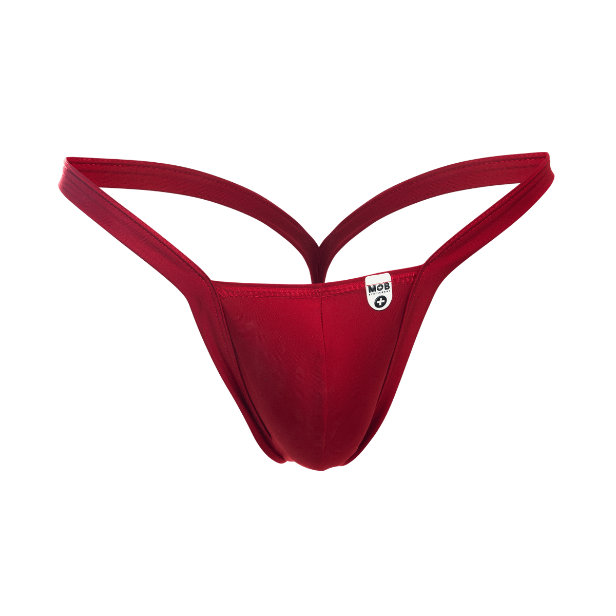 Red thong from mob y buns thong with smooth stretchy fabric and thin straps shown from the back side