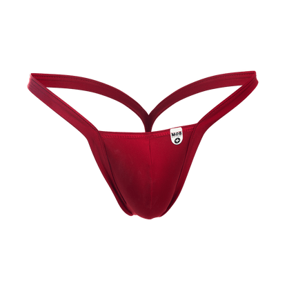 Red thong mob y buns thong with smooth stretchy fabric and thin straps shown from the back side