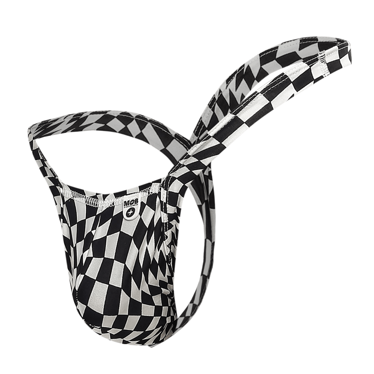 Mob y buns thong black and white checkered m2b men’s briefs with a sleek form fitting design shown from the back