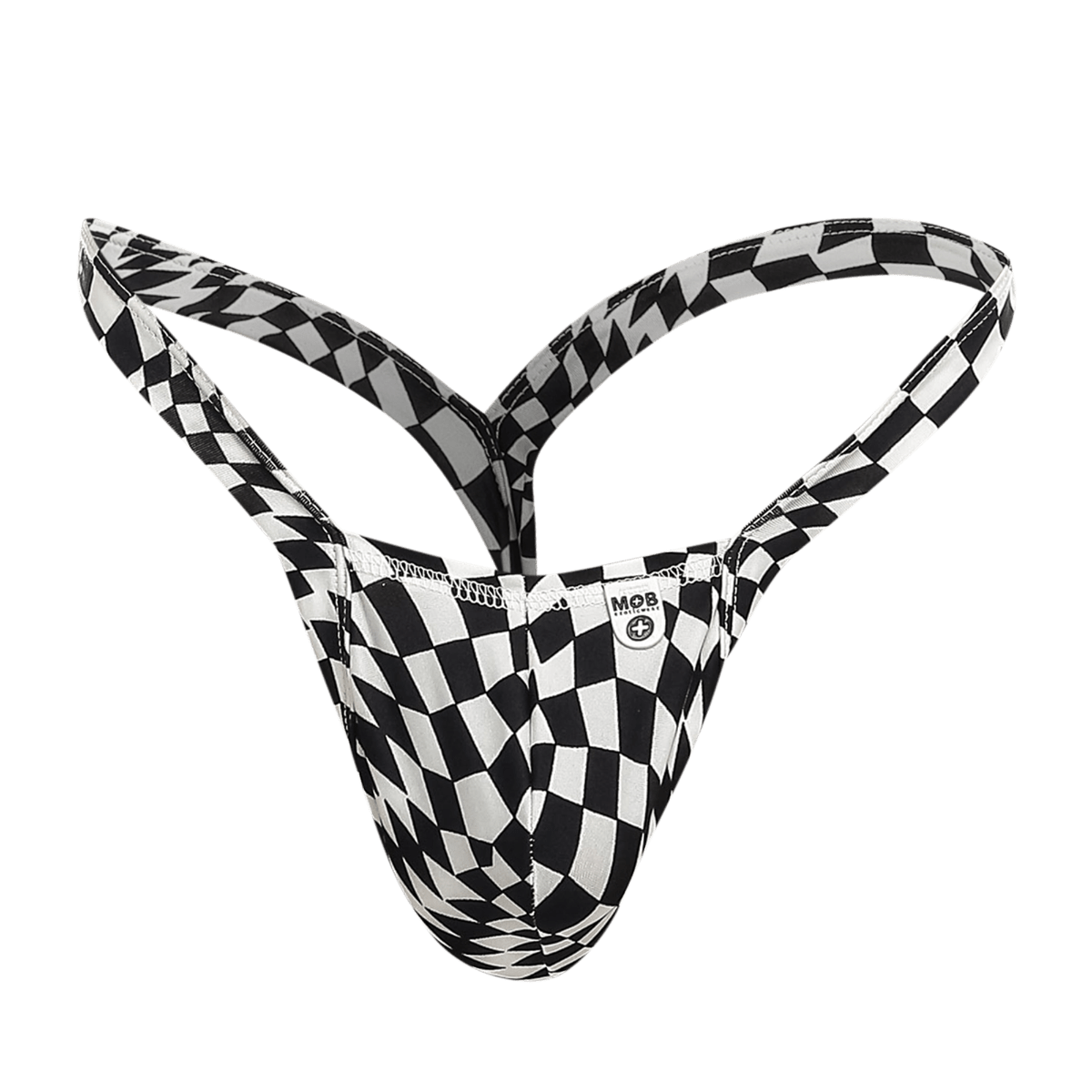 Black and white checkered men’s thong with mob brand label designed for comfort and style in underwear collections