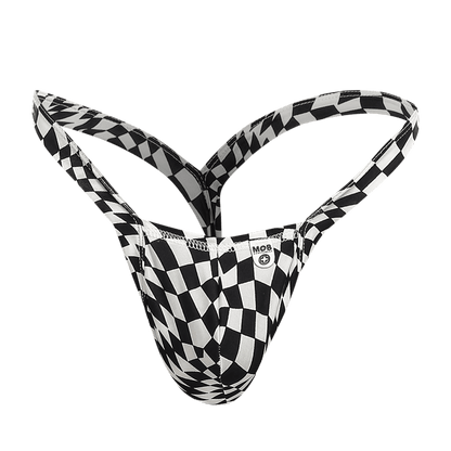 Black and white checkered men’s thong with mob brand label designed for comfort and style in underwear collections