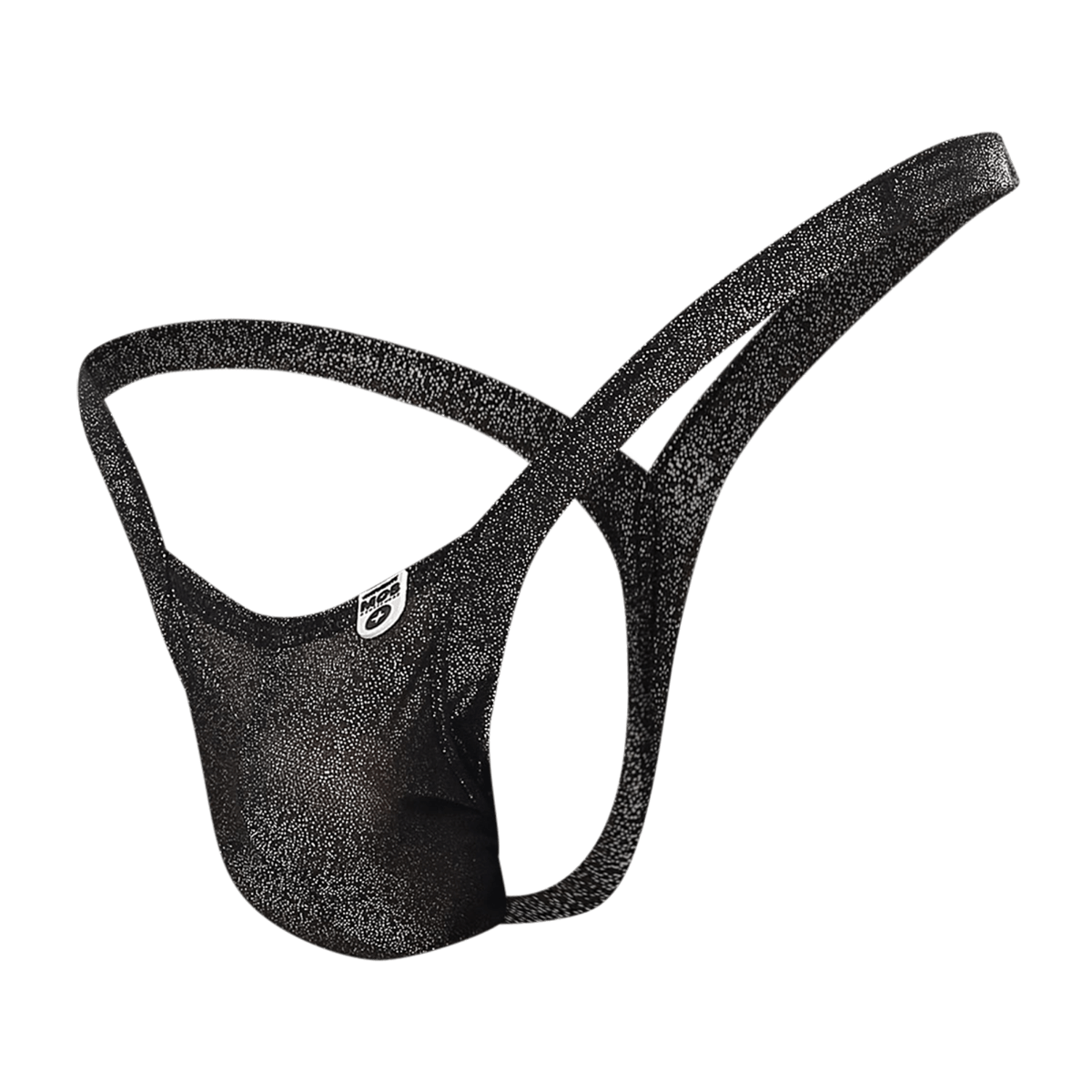 Black glittery men’s briefs with subtle shimmering texture and small white logo on the side from MOB Y Buns Thong