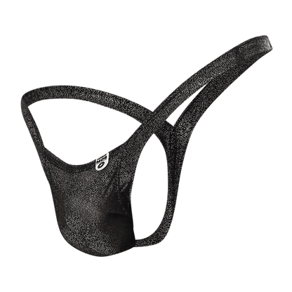 Black glittery men’s briefs with subtle shimmering texture and small white logo on the side from MOB Y Buns Thong