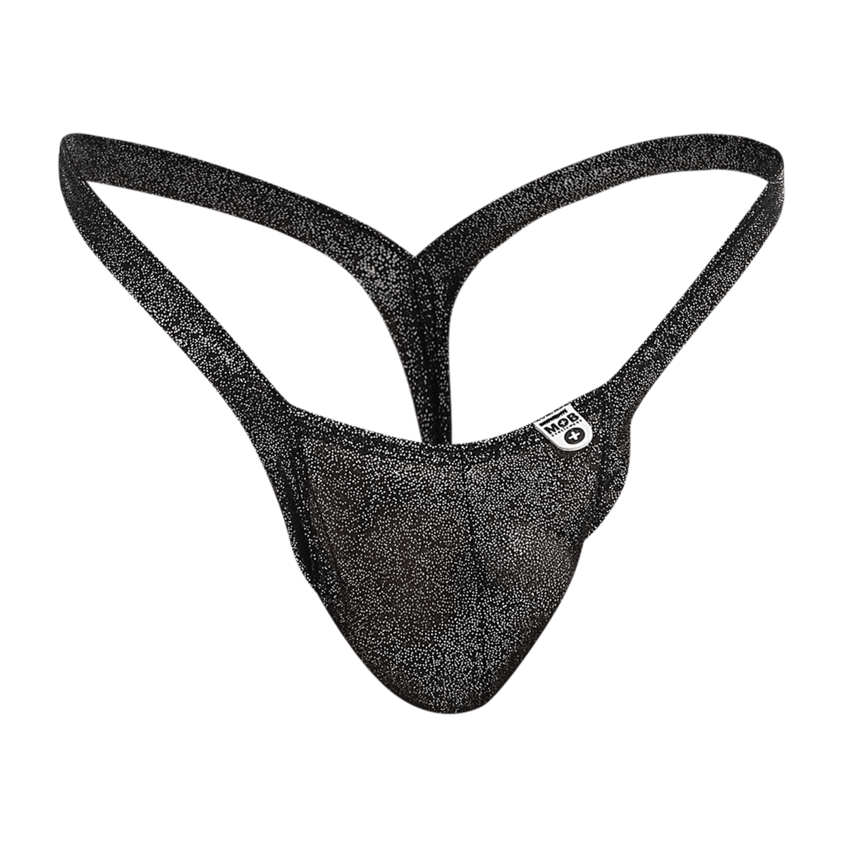 Black glittery thong with subtle shimmer and small white mob y buns brand tag on the side