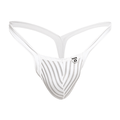 White striped mob y buns thong with sleek modern design and thin straps shown from the back side