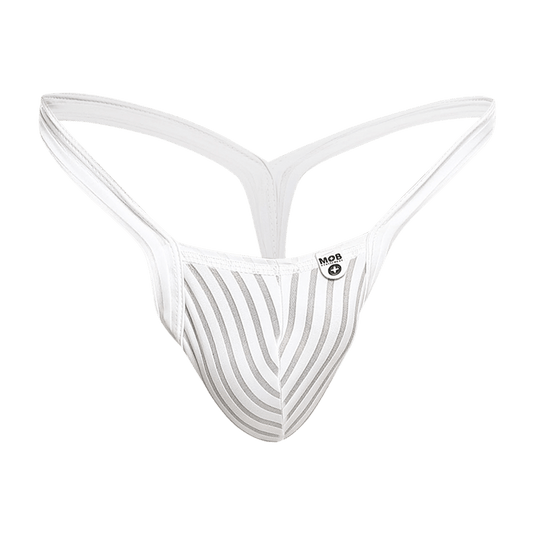 White striped mob y buns thong with sleek modern design and thin straps shown from the back side