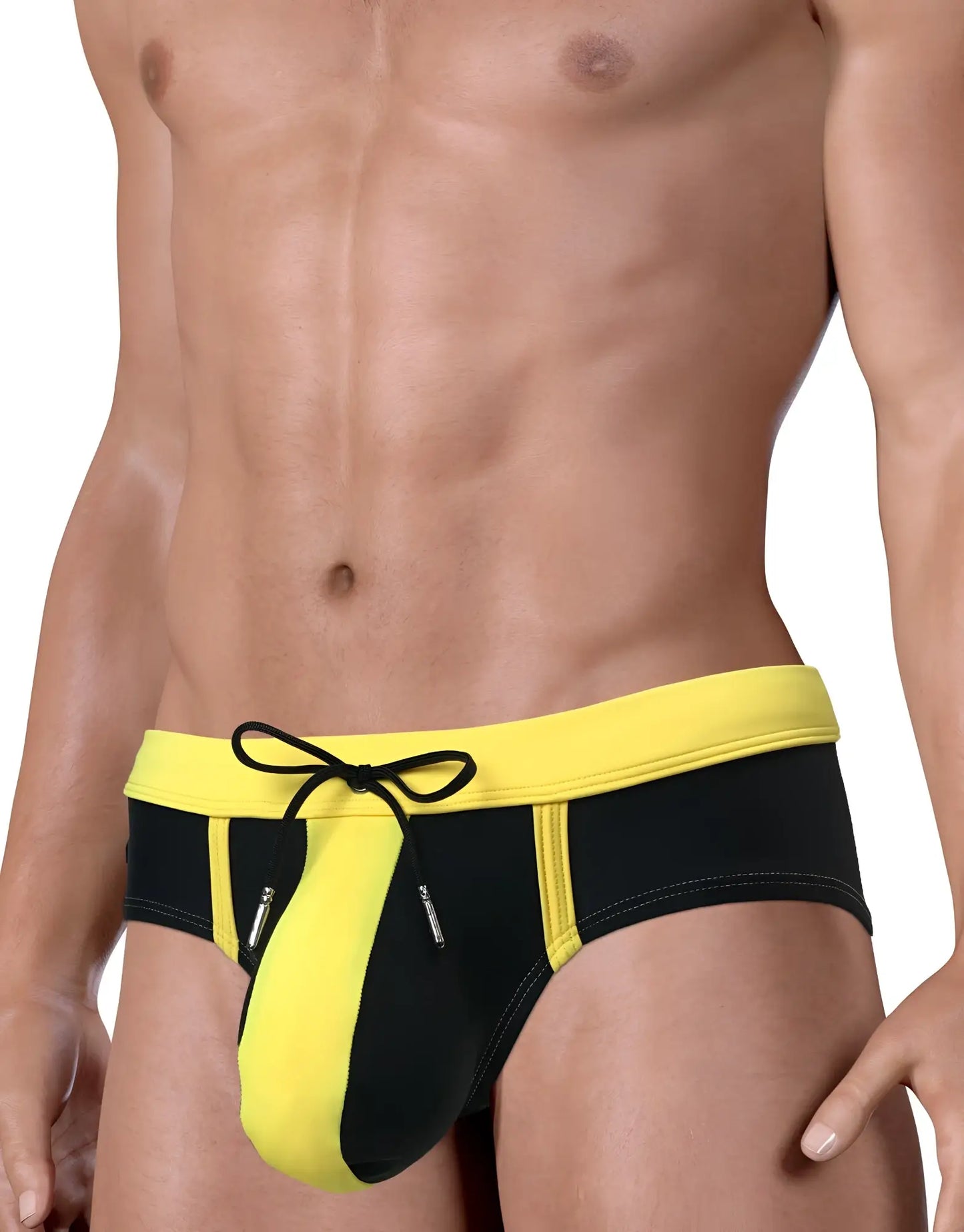 Moby Big Boy Pouch Swim black and yellow swim trunks with bold color block design and bright yellow waistband