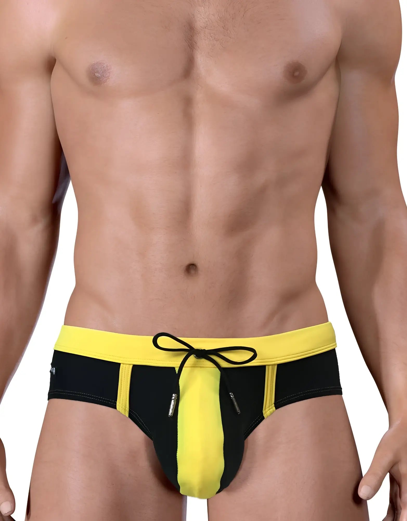 Black and yellow Moby Big Boy Pouch swim trunks with drawstring waistband designed for comfortable swimming