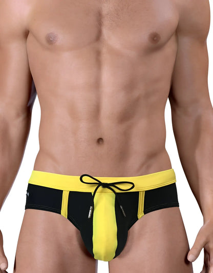 Black and yellow Moby Big Boy Pouch swim trunks with drawstring waistband designed for comfortable swimming