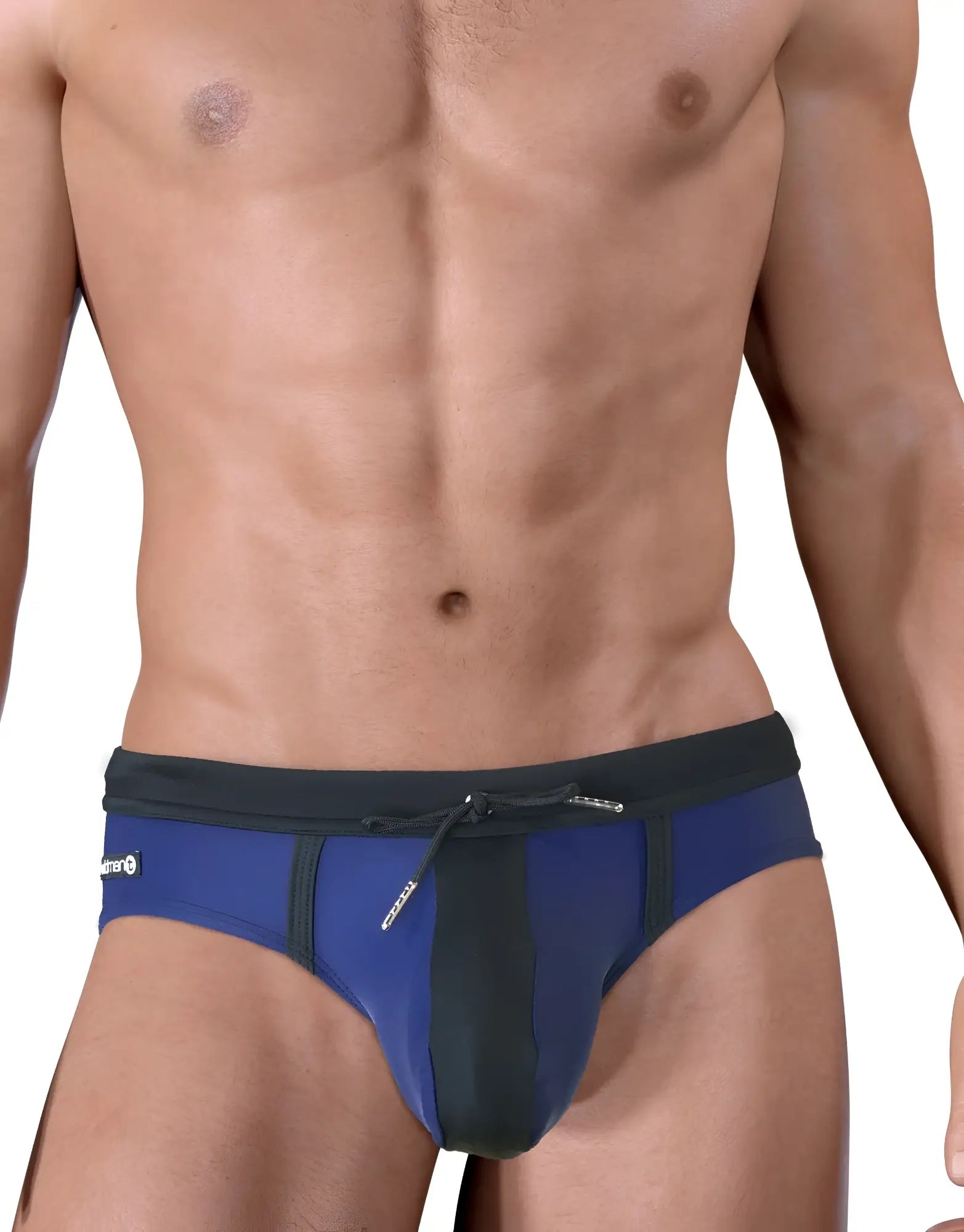 Blue and black Moby Big Boy Pouch swim trunks with drawstring waistband designed for comfortable swimming