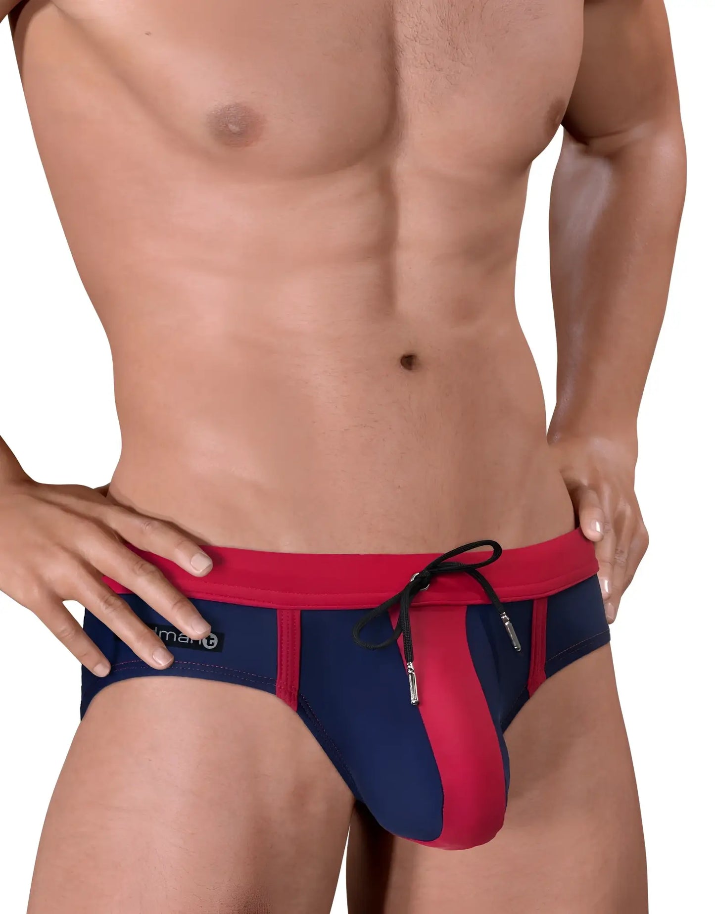 Navy blue and red men’s swim trunks with a drawstring waistband from moby big boy pouch swim collection