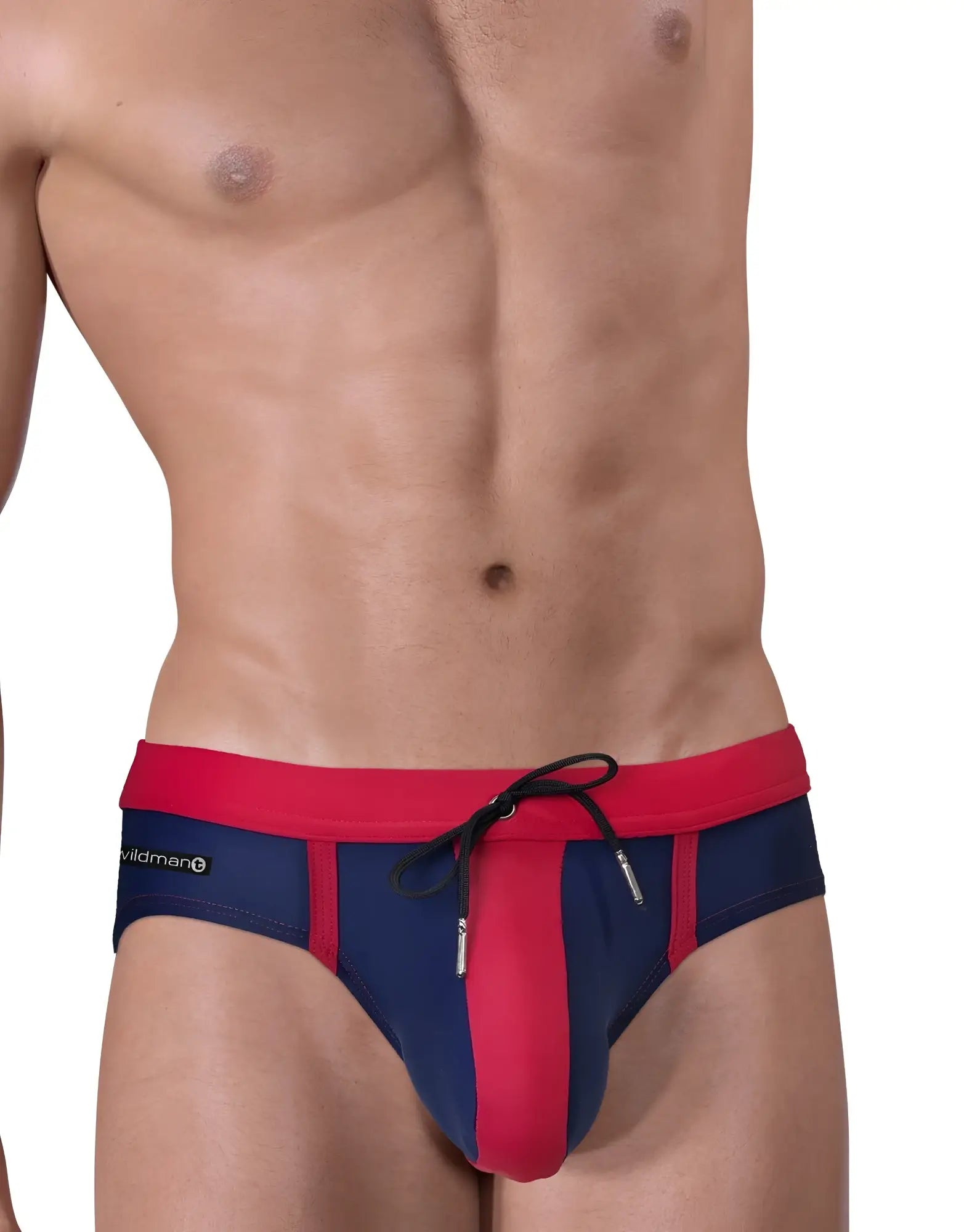 Moby Big Boy Pouch swim navy blue and red swim trunks with drawstring waistband for comfortable fit