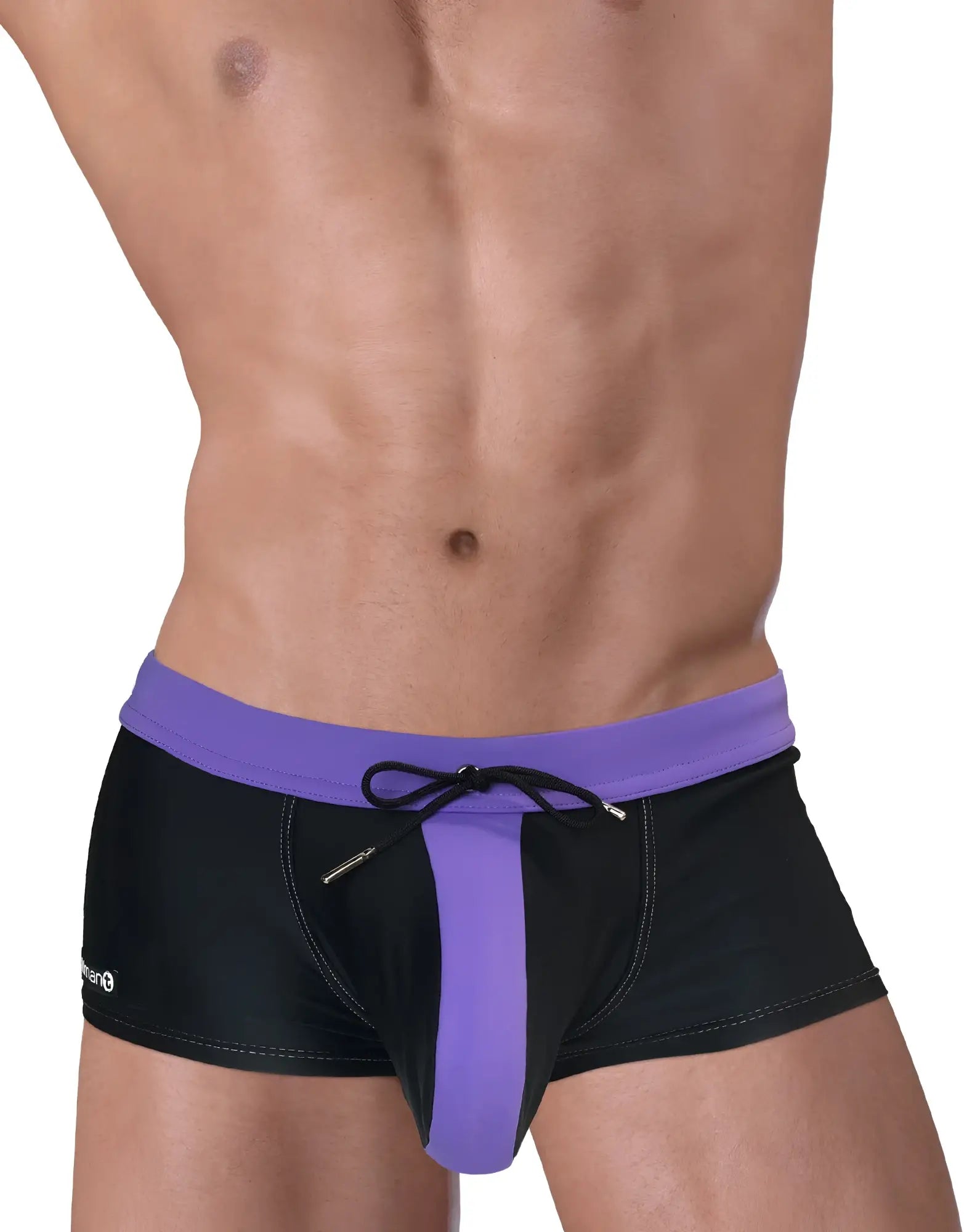Black and purple moby big boy pouch swim square cut trunks with drawstring waistband for swimming
