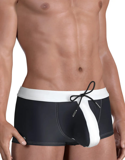Moby big boy pouch swim square cut swim trunks in black and white with bold diagonal stripe and drawstring waistband