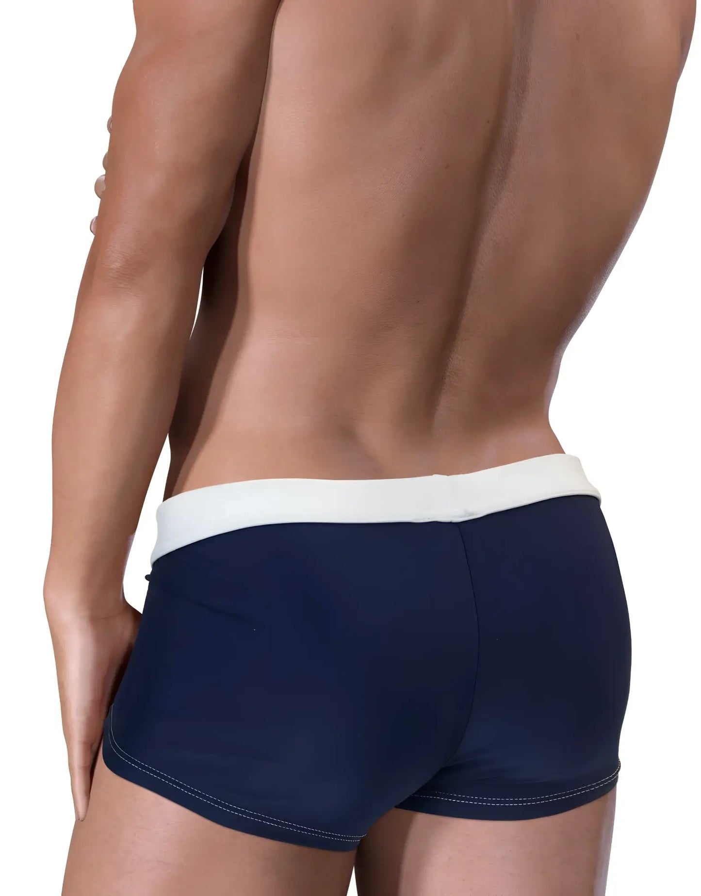 Navy blue Moby big boy pouch swim square cut trunks with white waistband and contrasting stitching for swim use
