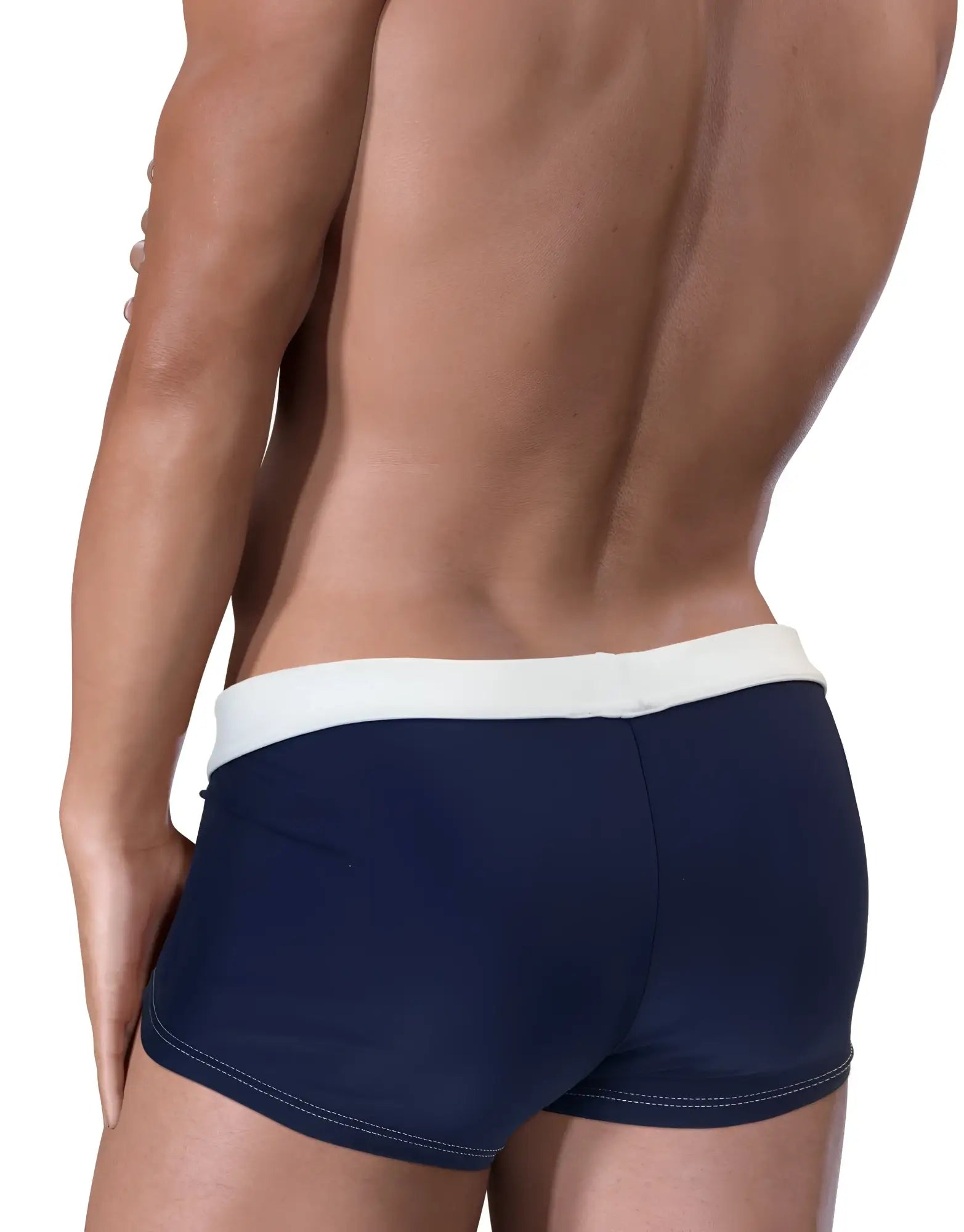 Navy blue Moby big boy pouch swim square cut trunks with white waistband and contrasting stitching for swim use