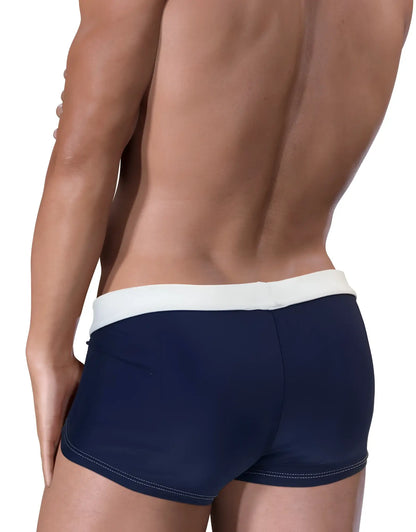 Navy blue Moby big boy pouch swim square cut trunks with white waistband and contrasting stitching for swim use