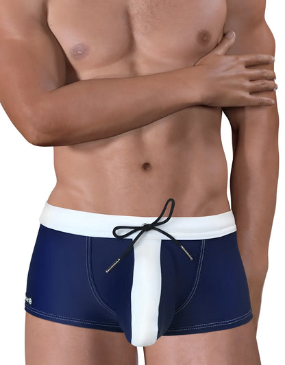 Navy blue and white moby big boy pouch swim square cut trunks with drawstring waistband for swimming and beachwear