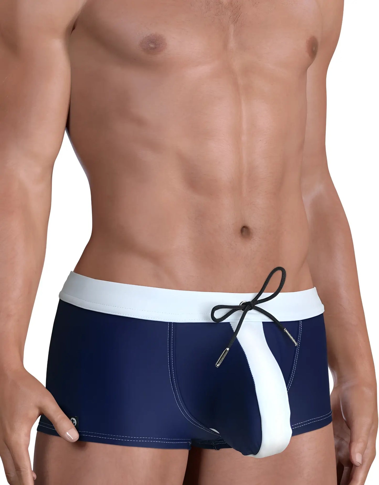 Navy blue and white moby big boy pouch swim square cut trunks with drawstring waistband for swimming