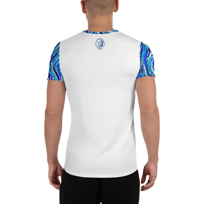 Men's sport shirt by Maris Equi featuring a white body and colorful abstract patterned short sleeves designed for comfort.