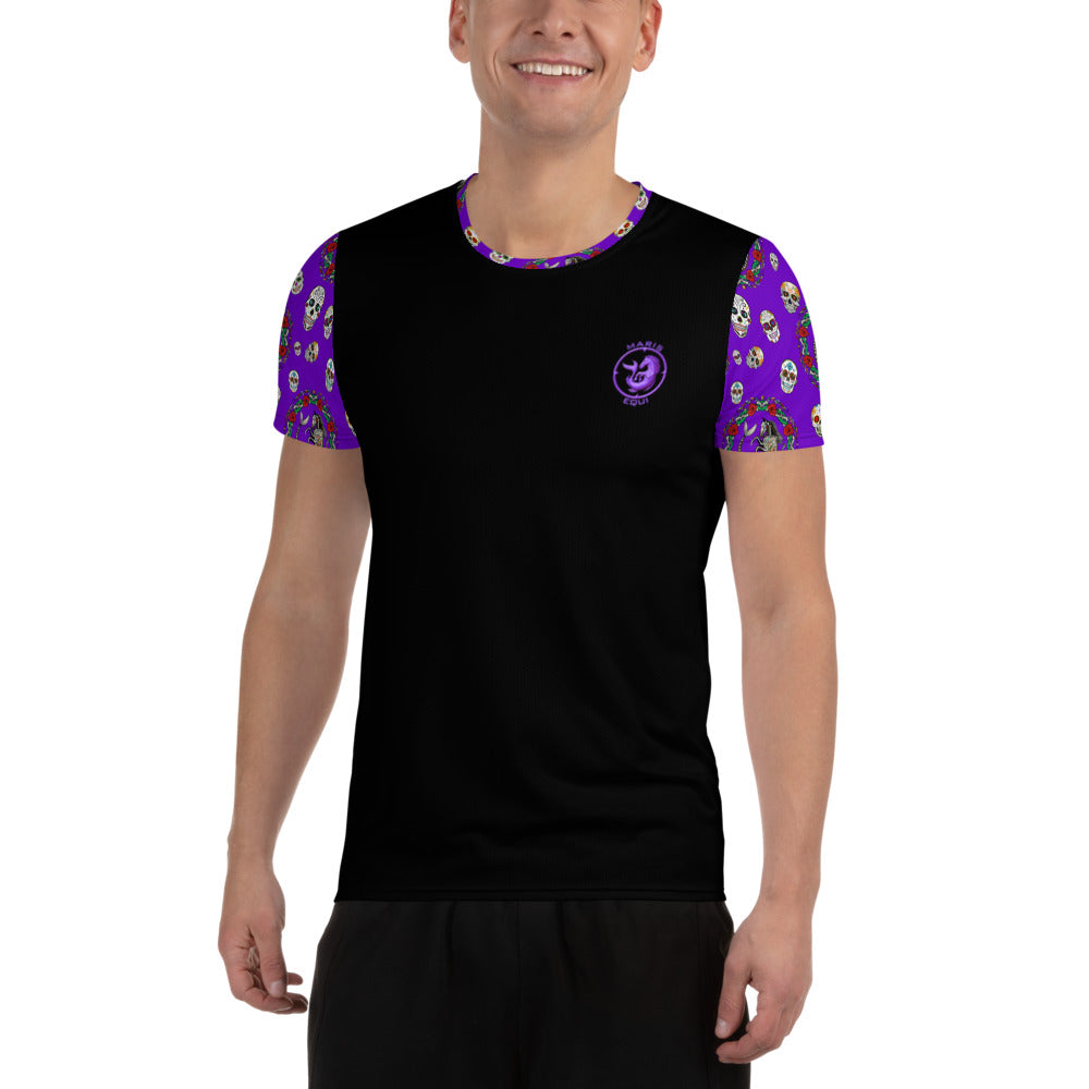 Men's sport shirt by Maris Equi featuring a black body and colorful Day of the Dead skull-patterned sleeves.