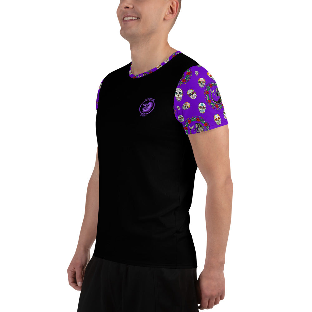 Men's black sport shirt with colorful Day of the Dead skull print sleeves made by Maris Equi featuring a round neckline.