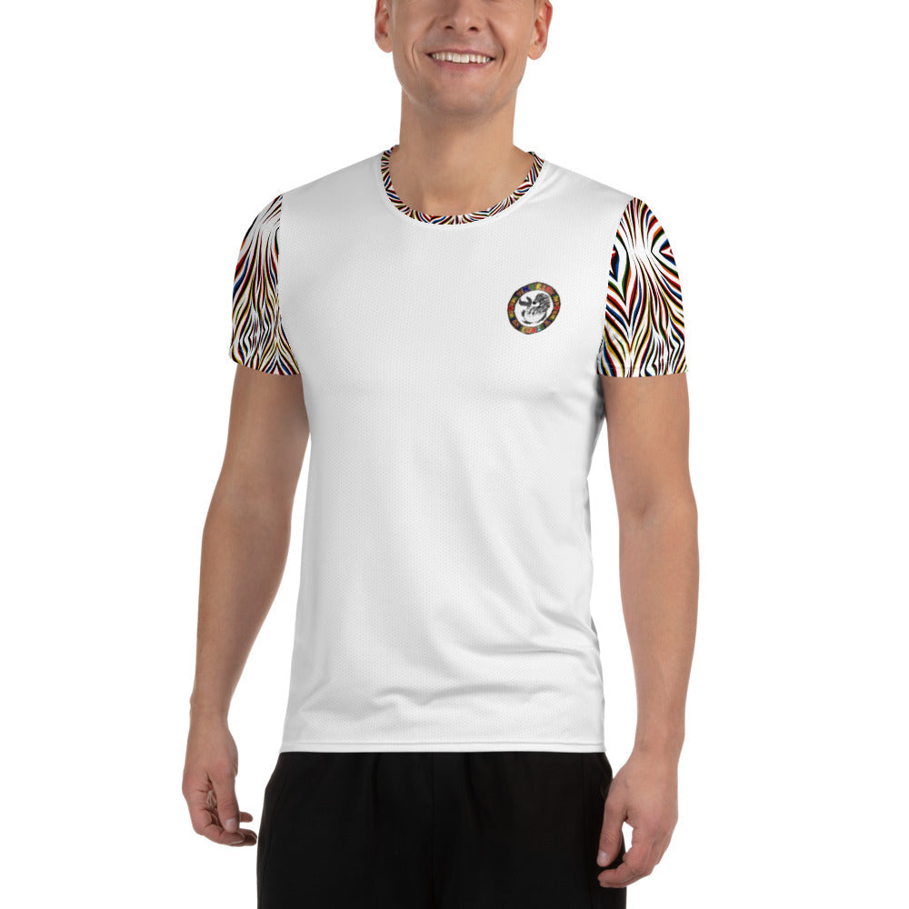 White men's sport shirt with colorful zebra print sleeves featuring a logo on the chest by Maris Equi.